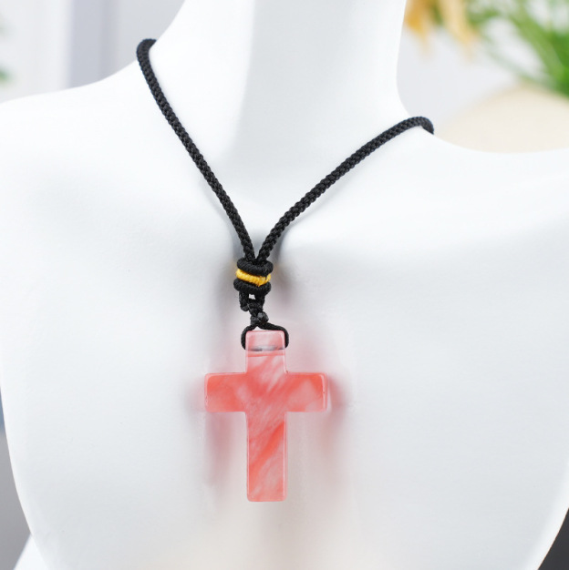Natural Stone Cross Pendant Necklace, Horizontal Hole Cross Charm Jewelry, Adjustable Rope Necklace, Easter Gift Jewelry Accessory