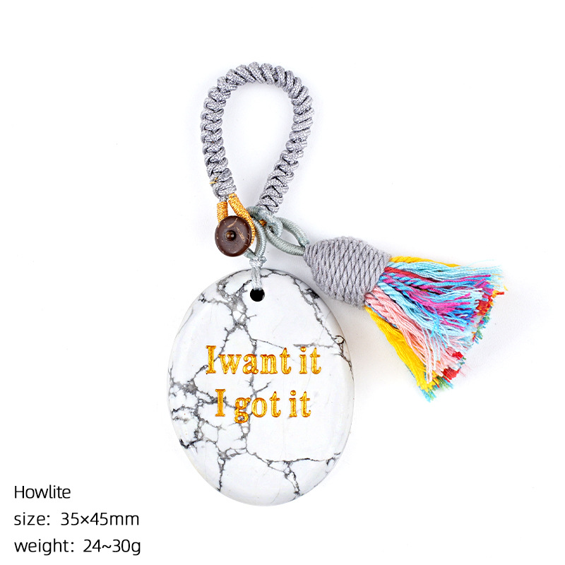 Natural Crystal Engraved Palm Stone Keychain, Oval Agate Worry Stone Bag Charm with Tassel for Car Hanging Decor, Mindful Gift and Everyday Accessory