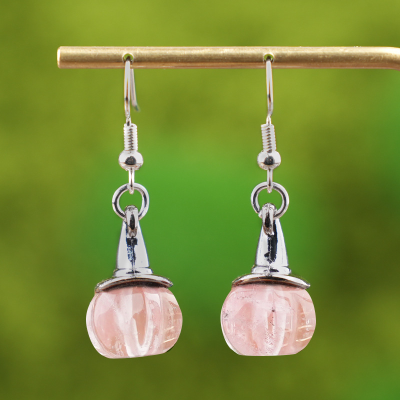 Natural Crystal Pumpkin Earrings, Agate Stone Witch Hat Drop Earrings, Vintage Halloween Style Gemstone Dangle Ear Jewelry