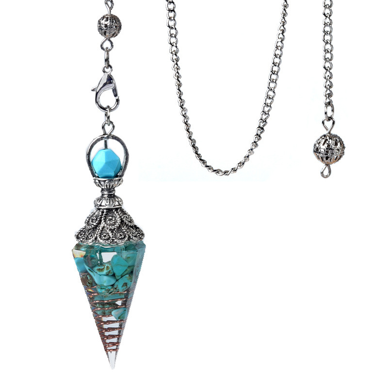 Crystal Chip Pendulum Necklace Silver Chain Hexagonal Cone Stone Pendant