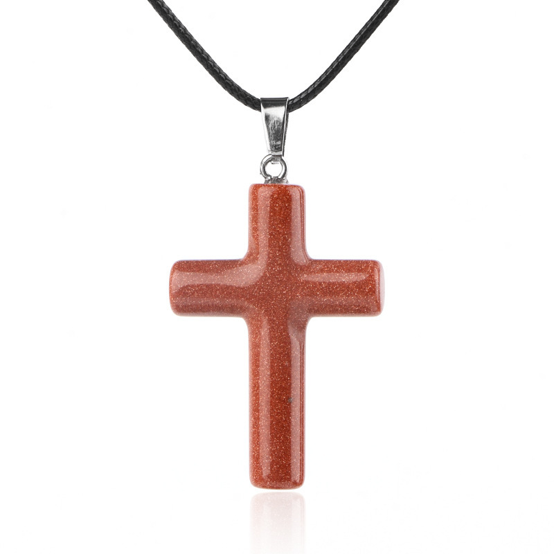 Natural Crystal Cross Pendant Necklace Spiritual Healing Pendant with Adjustable Cord for Meditation