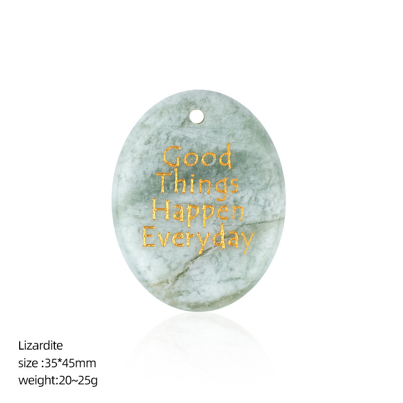Natural Stone Oval Pendant with Inspirational Engraving Good Things Happen Everyday, Handheld Worry Stone Charm for Necklace DIY Craft