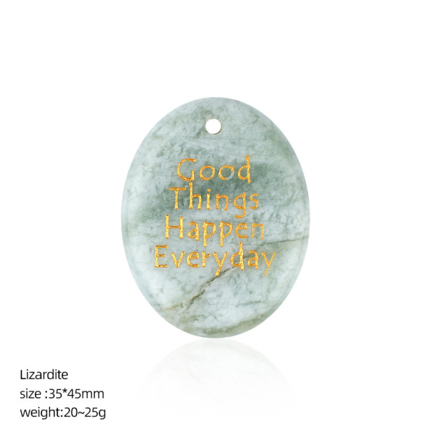 Natural Stone Oval Pendant with Inspirational Engraving Good Things Happen Everyday, Handheld Worry Stone Charm for Necklace DIY Craft