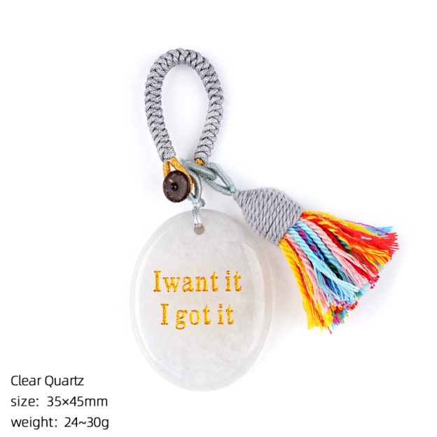 Natural Crystal Engraved Palm Stone Keychain, Oval Agate Worry Stone Bag Charm with Tassel for Car Hanging Decor, Mindful Gift and Everyday Accessory