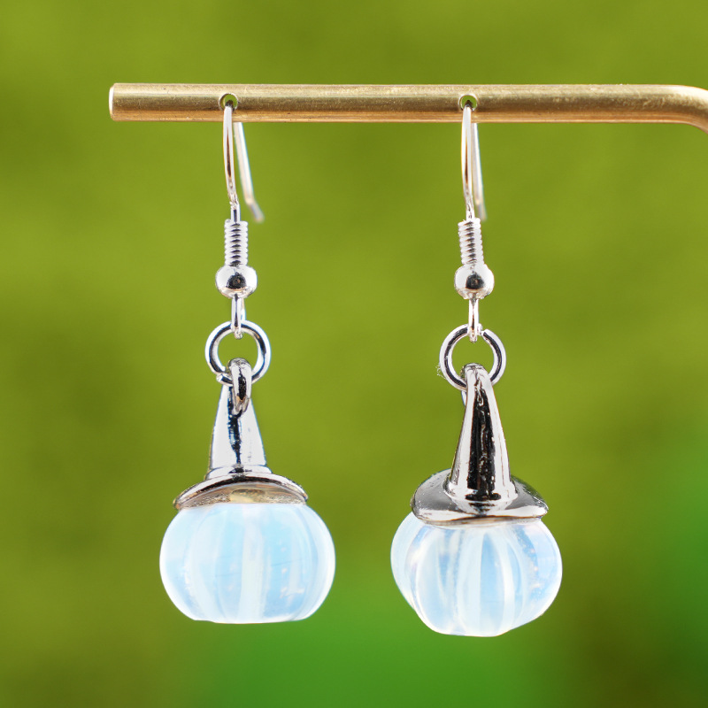Natural Crystal Pumpkin Earrings, Agate Stone Witch Hat Drop Earrings, Vintage Halloween Style Gemstone Dangle Ear Jewelry