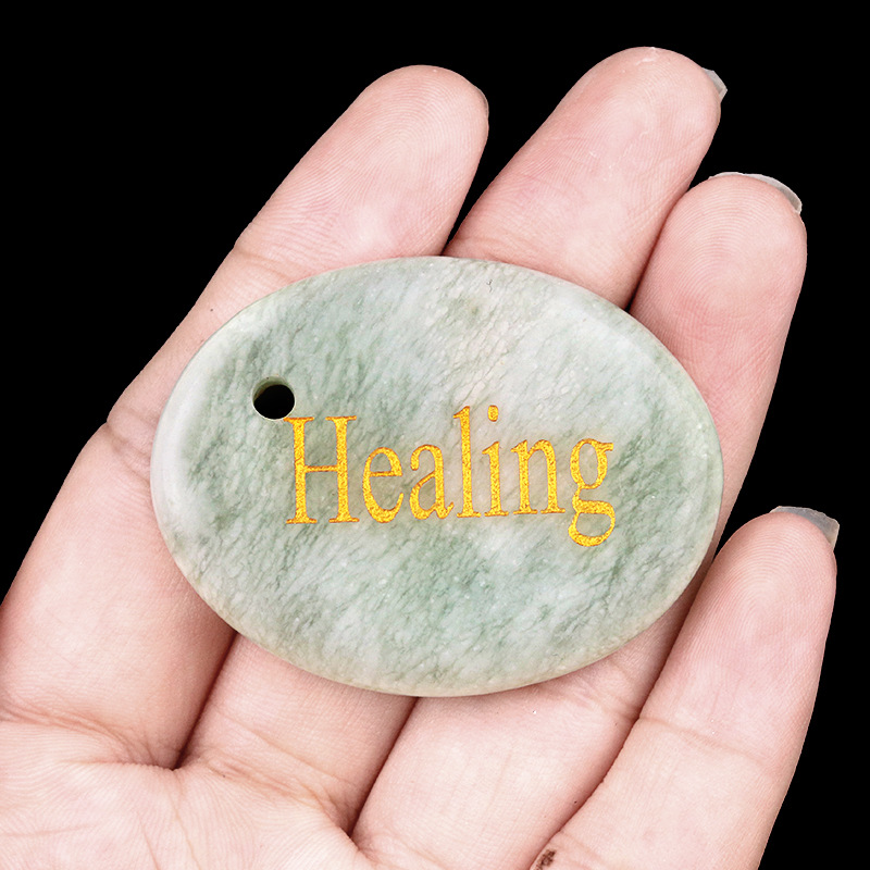 Natural Crystal Engraved Affirmation Stone Pendant, Oval Word Carved Agate Charm with Hole for Keychain Necklace Bag Charm and Gift Accessory