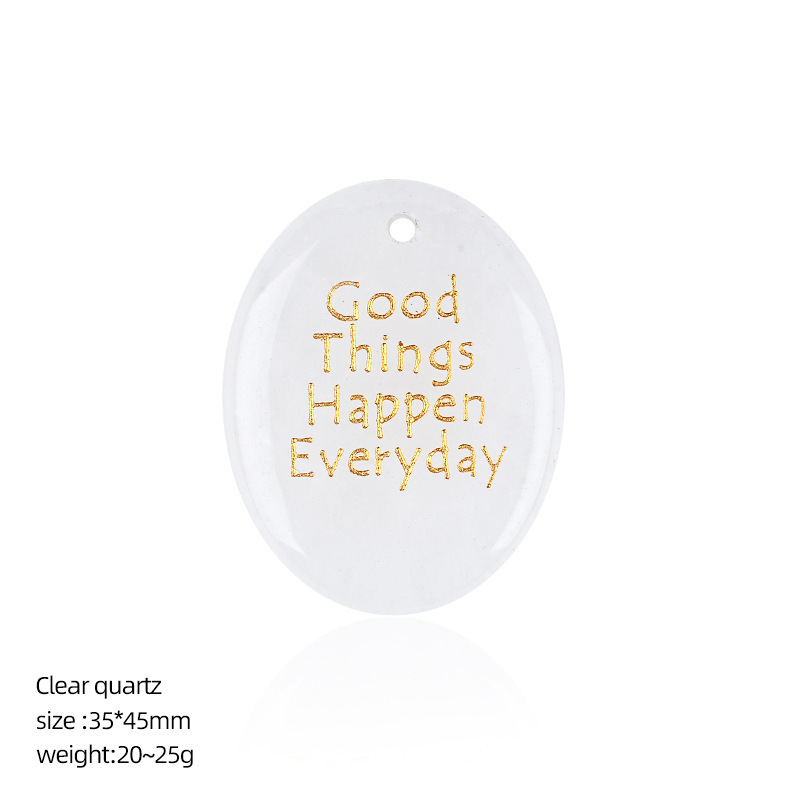 Natural Stone Oval Pendant with Inspirational Engraving Good Things Happen Everyday, Handheld Worry Stone Charm for Necklace DIY Craft