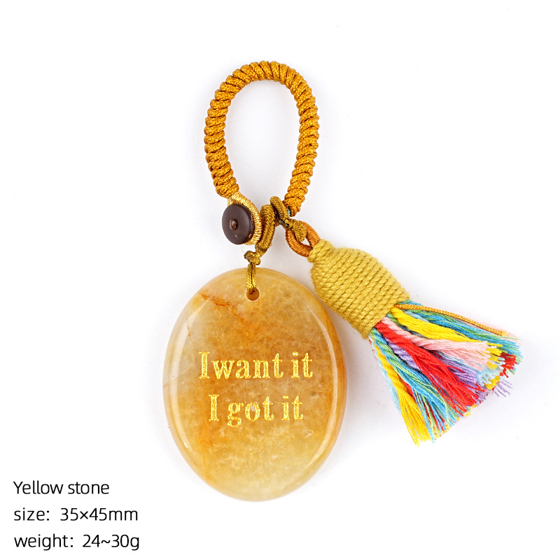 Natural Crystal Engraved Palm Stone Keychain, Oval Agate Worry Stone Bag Charm with Tassel for Car Hanging Decor, Mindful Gift and Everyday Accessory