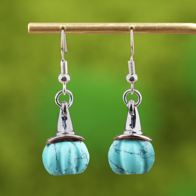 Natural Crystal Pumpkin Earrings, Agate Stone Witch Hat Drop Earrings, Vintage Halloween Style Gemstone Dangle Ear Jewelry