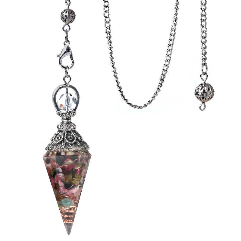 Resin Crystal Chip Pendulum Necklace Silver Chain Hexagonal Cone Stone Dowsing Pendant Jewelry Accessory 20260210