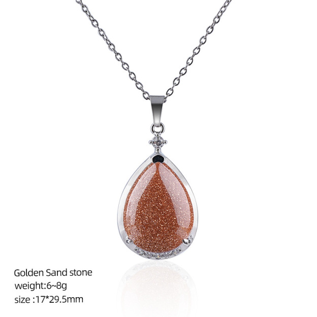 Natural Crystal Teardrop Pendant Necklace, Water Drop Gemstone Inlay Chain Necklace for Daily Wear or Gift