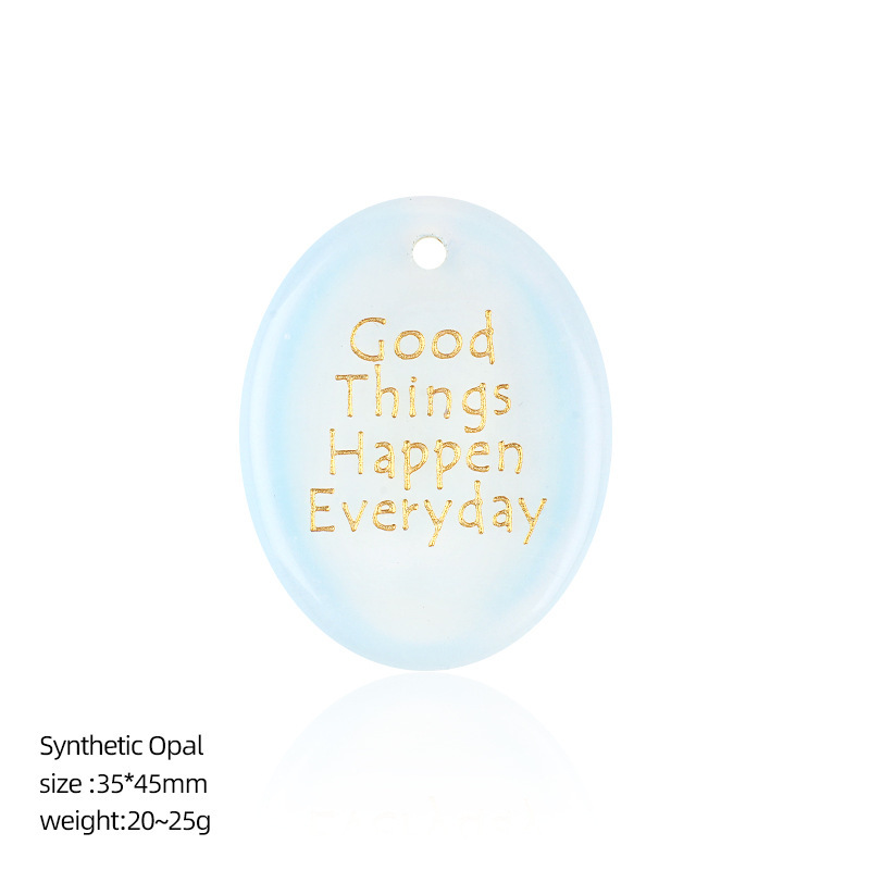 Natural Stone Oval Pendant with Inspirational Engraving Good Things Happen Everyday, Handheld Worry Stone Charm for Necklace DIY Craft