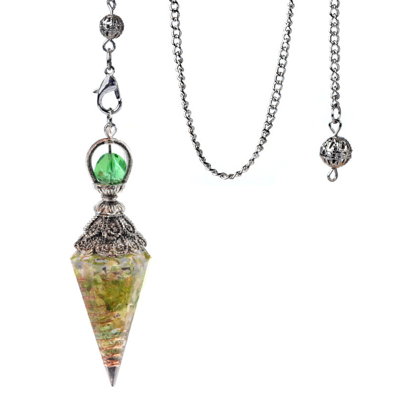 Resin Crystal Chip Pendulum Necklace Silver Chain Hexagonal Cone Stone Dowsing Pendant Jewelry Accessory 20260210