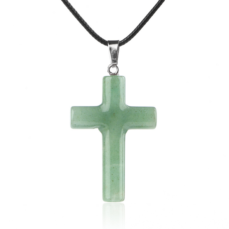 Natural Crystal Cross Pendant Necklace Spiritual Healing Pendant with Adjustable Cord for Meditation