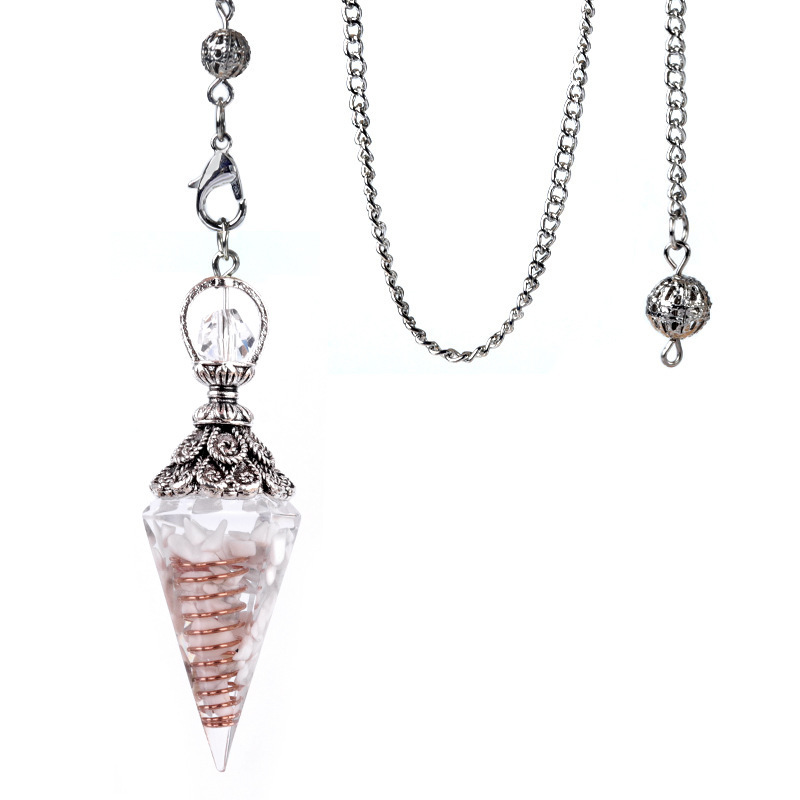 Resin Crystal Chip Pendulum Necklace Silver Chain Hexagonal Cone Stone Dowsing Pendant Jewelry Accessory 20260210