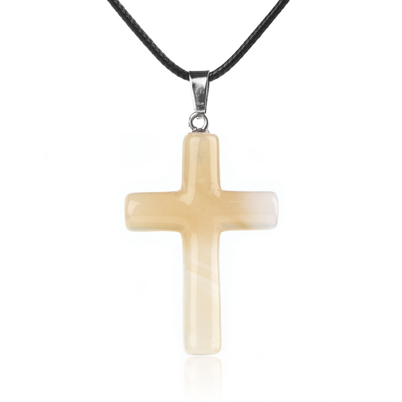 Natural Crystal Cross Pendant Necklace Spiritual Healing Pendant with Adjustable Cord for Meditation