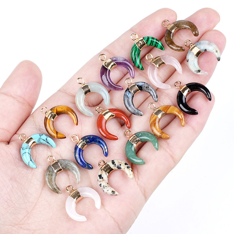 Natural Stone Crescent Moon Pendant Necklace Handcrafted with Adjustable Rope