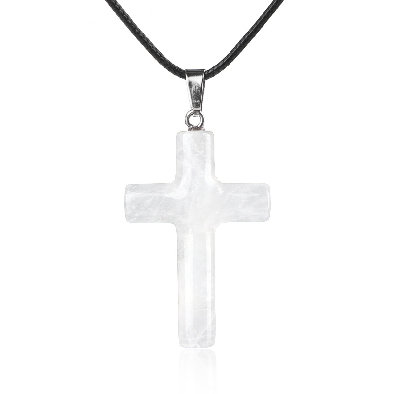 Natural Crystal Cross Pendant Necklace Spiritual Healing Pendant with Adjustable Cord for Meditation