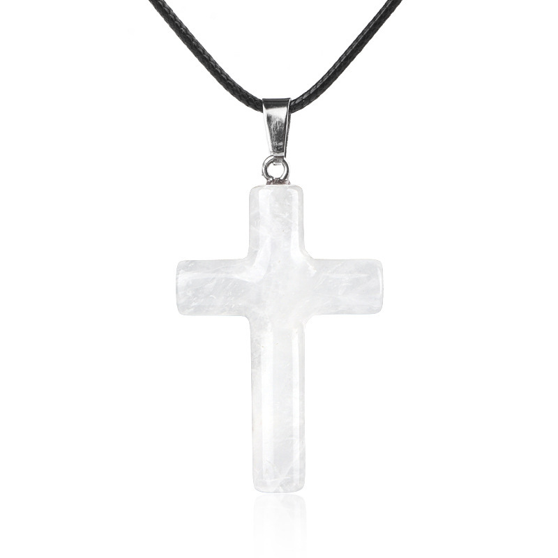 Natural Crystal Cross Pendant Necklace Spiritual Healing Pendant with Adjustable Cord for Meditation