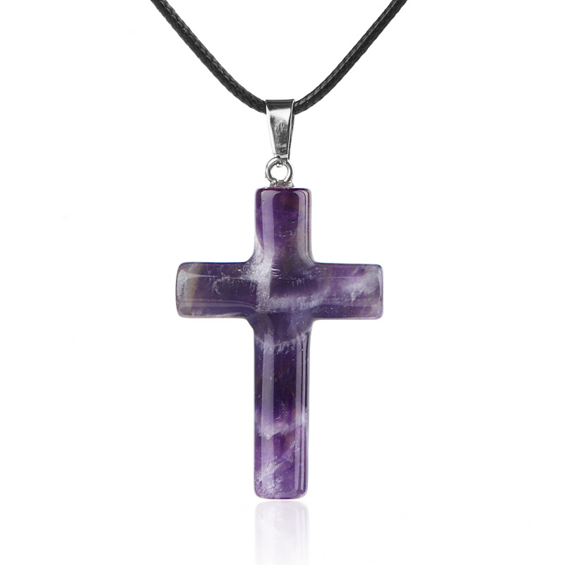 Natural Crystal Cross Pendant Necklace Spiritual Healing Pendant with Adjustable Cord for Meditation