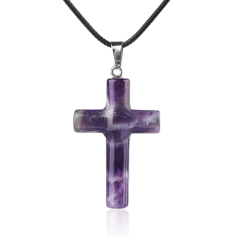 Natural Crystal Cross Pendant Necklace Spiritual Healing Pendant with Adjustable Cord for Meditation