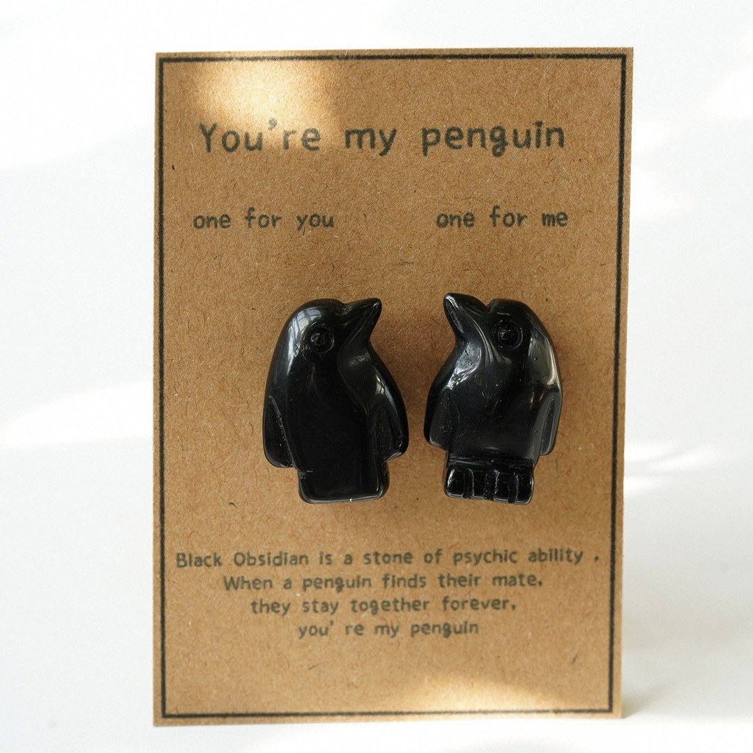 Natural Rose Quartz Penguin Figurine Set, Hand Carved Stone Couple Penguins with Gift Box and Message Card