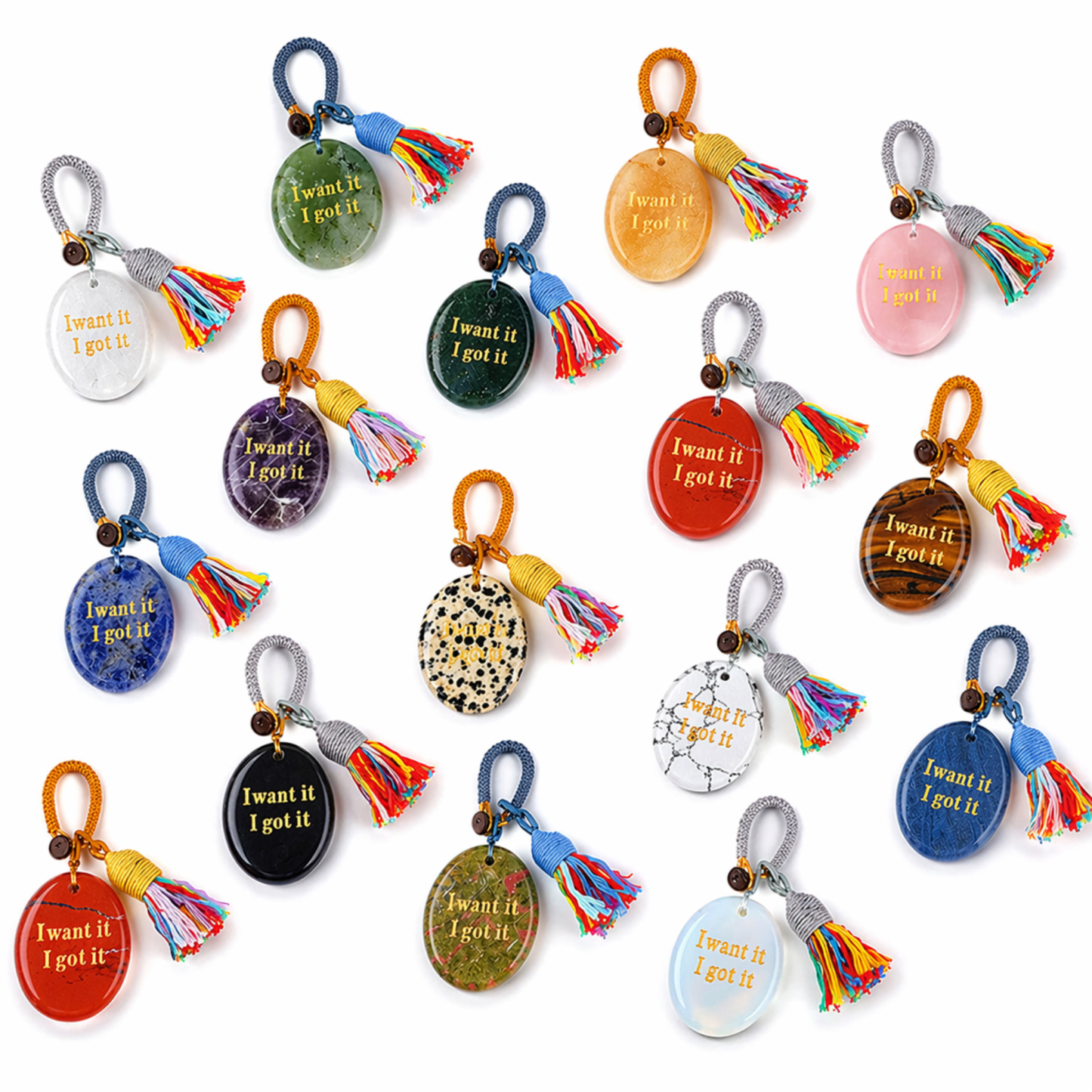 Natural Crystal Engraved Palm Stone Keychain, Oval Agate Worry Stone Bag Charm with Tassel for Car Hanging Decor, Mindful Gift and Everyday Accessory