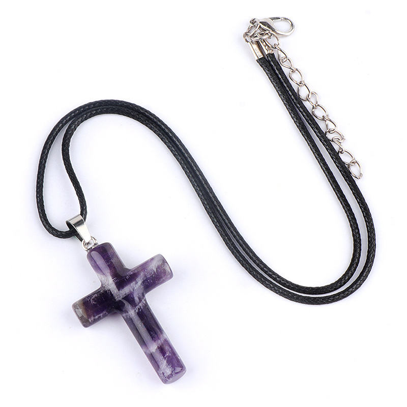 Natural Crystal Cross Pendant Necklace Spiritual Healing Pendant with Adjustable Cord for Meditation