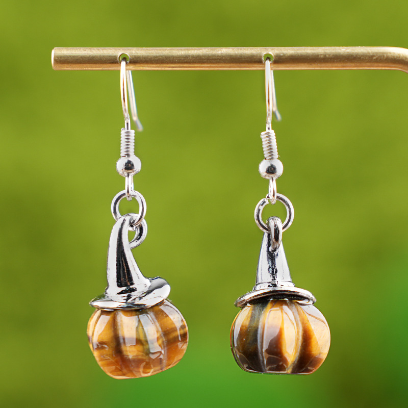 Natural Crystal Pumpkin Earrings, Agate Stone Witch Hat Drop Earrings, Vintage Halloween Style Gemstone Dangle Ear Jewelry