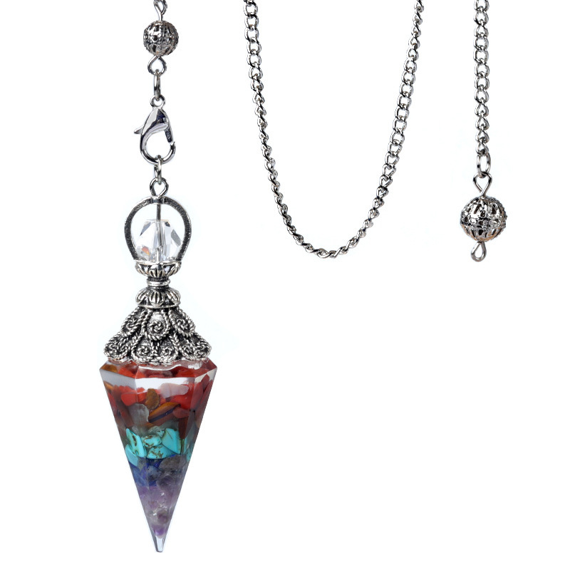Resin Crystal Chip Pendulum Necklace Silver Chain Hexagonal Cone Stone Dowsing Pendant Jewelry Accessory 20260210