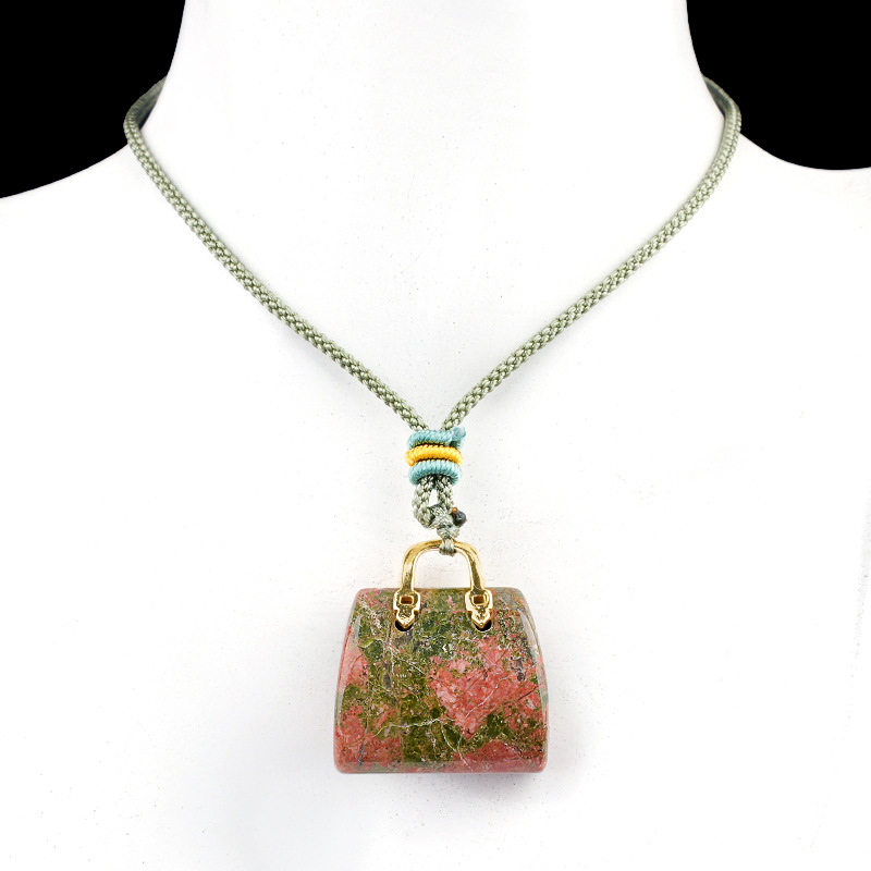 Natural Crystal Handbag Shape Pendant, Agate Stone Mini Bag Ornament Woven Rope Sweater Chain Accessory, Multi Material Decorative Pendant