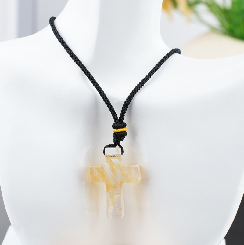 Natural Stone Cross Pendant Necklace, Horizontal Hole Cross Charm Jewelry, Adjustable Rope Necklace, Easter Gift Jewelry Accessory