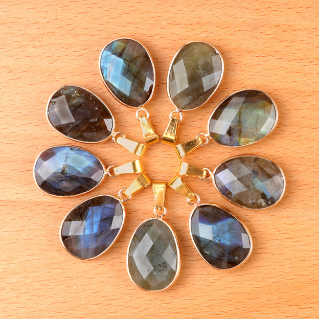 Natural Crystal Faceted Oval Pendant, Copper Wrapped Single Hole Gemstone Charm for DIY Necklace Making and Elegant Jewelry Styling