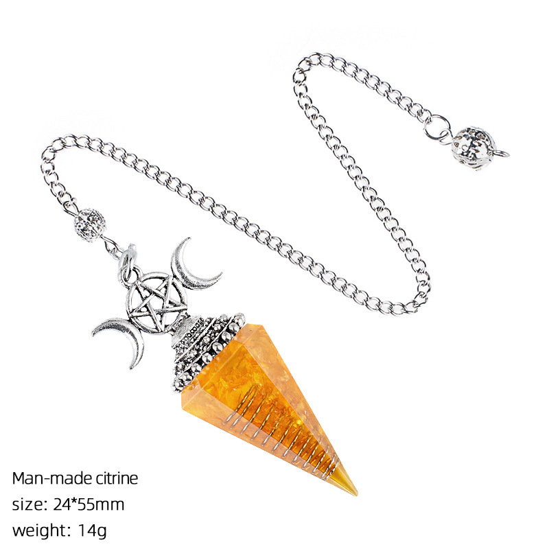 Natural Crystal Pendulum Pendant Vintage Triple Moon Divination Dowsing Pendulum Necklace Resin Chakra Meditation Jewelry