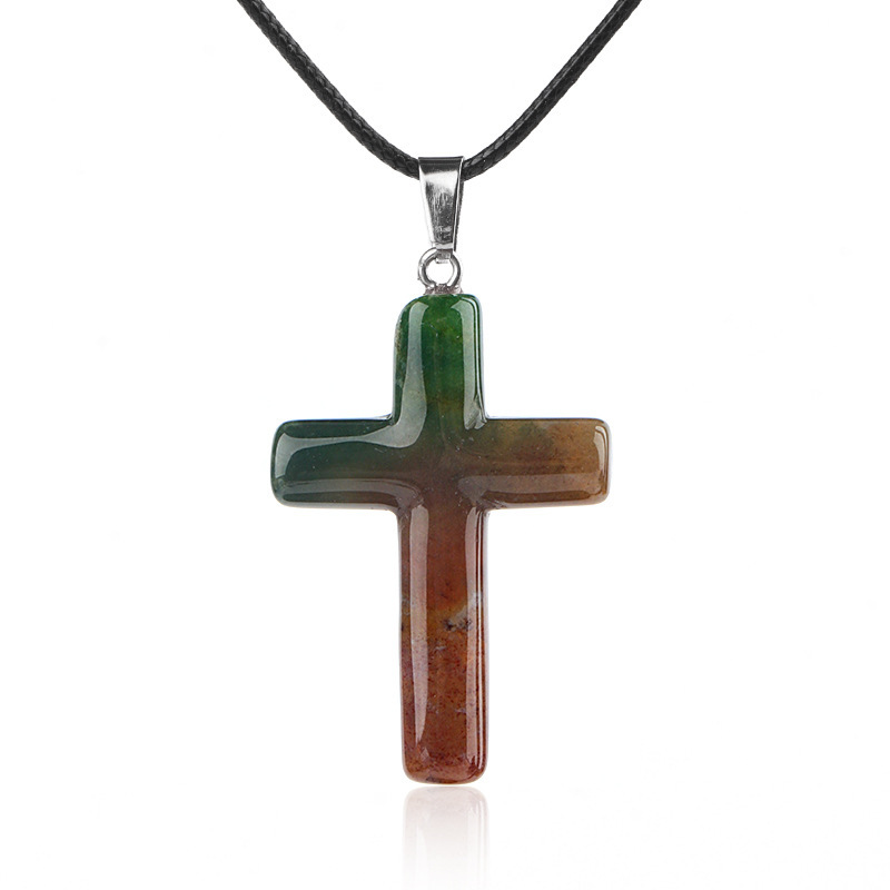 Natural Crystal Cross Pendant Necklace Spiritual Healing Pendant with Adjustable Cord for Meditation