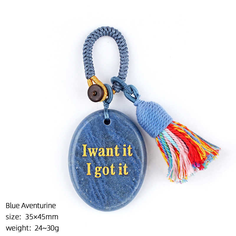 Natural Crystal Engraved Palm Stone Keychain, Oval Agate Worry Stone Bag Charm with Tassel for Car Hanging Decor, Mindful Gift and Everyday Accessory