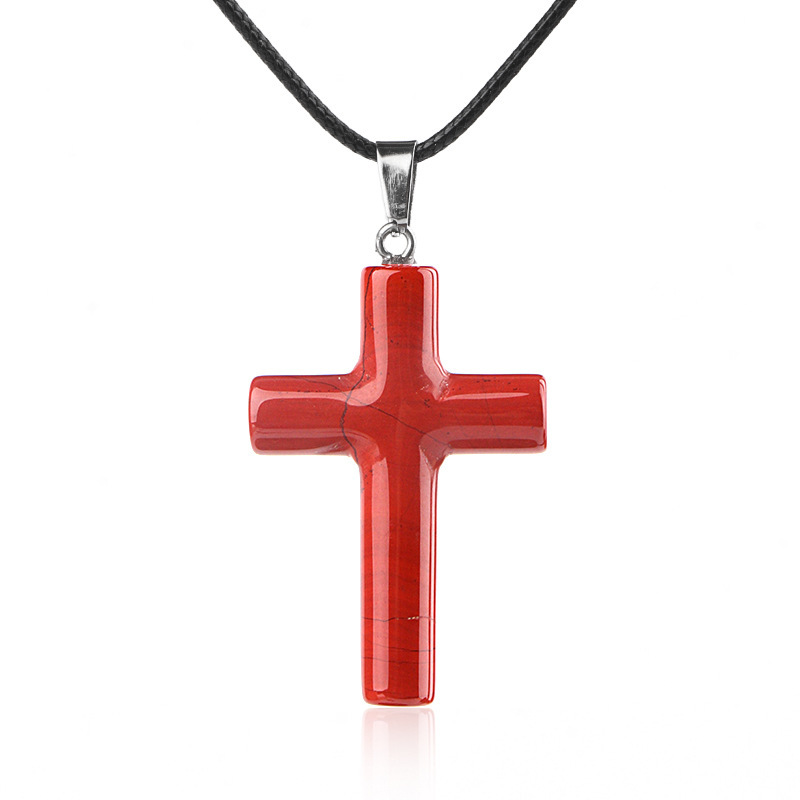 Natural Crystal Cross Pendant Necklace Spiritual Healing Pendant with Adjustable Cord for Meditation