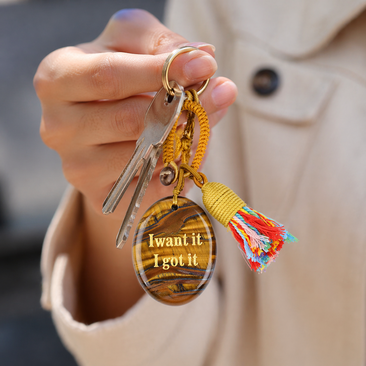 Natural Crystal Engraved Palm Stone Keychain, Oval Agate Worry Stone Bag Charm with Tassel for Car Hanging Decor, Mindful Gift and Everyday Accessory