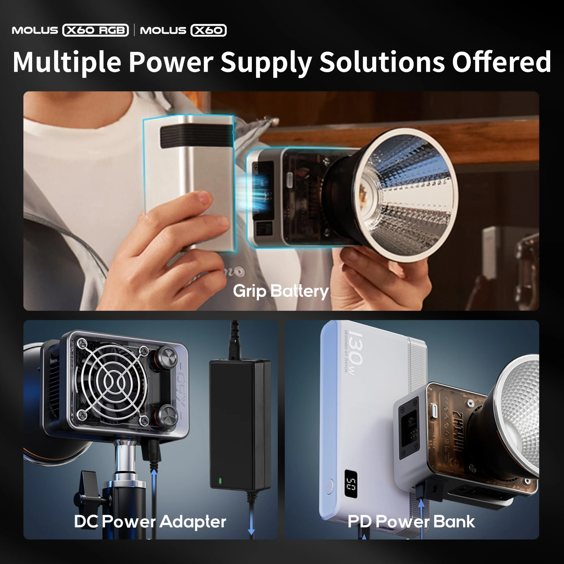 【Do Brasil】ZHIYUN MOLUS X60RGB 60W RGB COB Luz de bolso Luzes de vídeo LED Lâmpada de preenchimento Iluminação fotográfica portátil