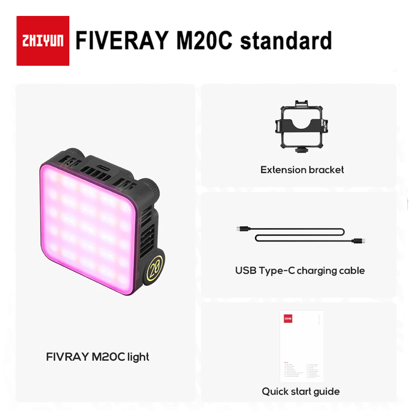 【Do Brasil】ZHIYUN FIVERAY M20C 20W RGB Luz de vídeo 2500K-10000K Luzes de preenchimento Controle por aplicativo Iluminação fotográfica Transmissão ao vivo