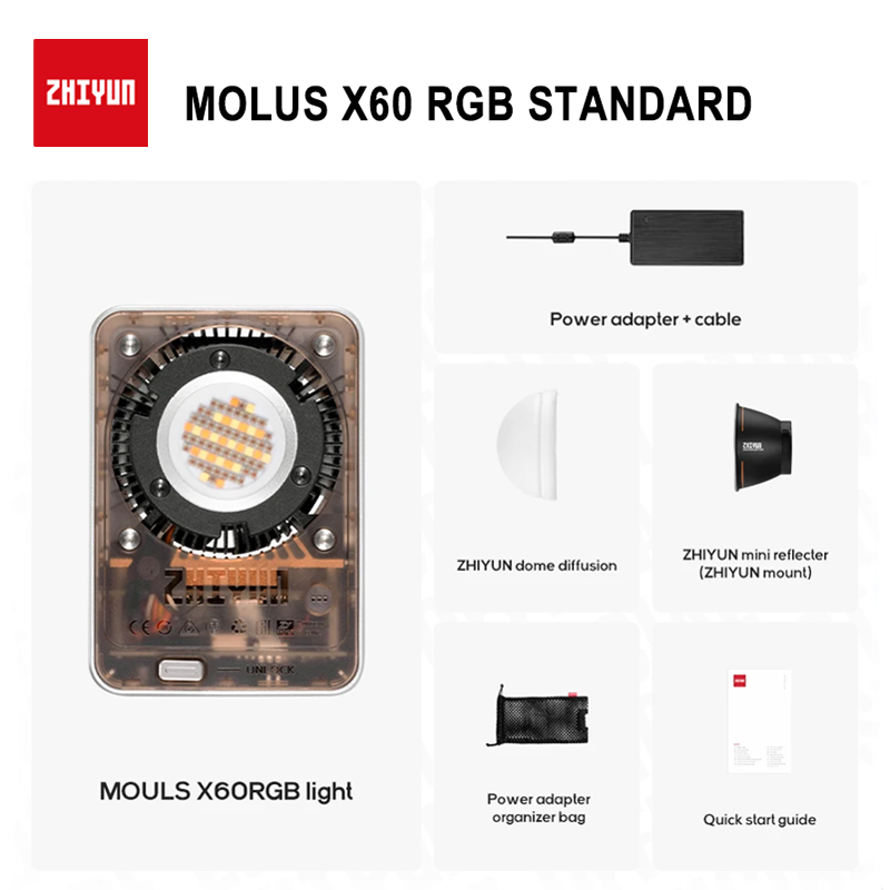 【Do Brasil】ZHIYUN MOLUS X60RGB 60W RGB COB Luz de bolso Luzes de vídeo LED Lâmpada de preenchimento Iluminação fotográfica portátil