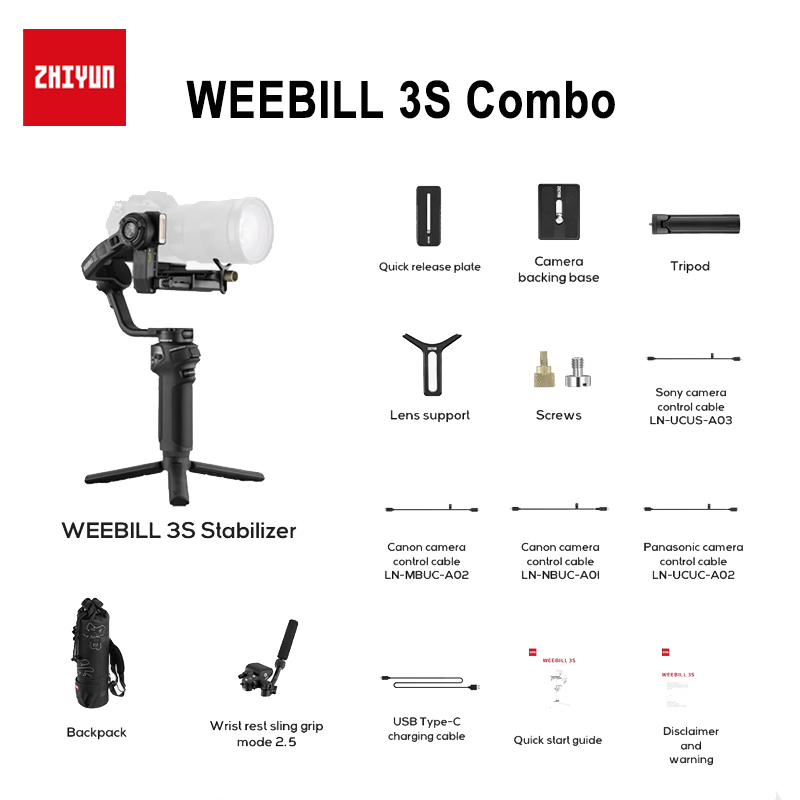 【 Do Brasil】ZHIYUN WEEBILL 3S Camera Gimbal Stabilizer - 3-Axis Anti-Shake Smart Follow for DSLR/Mirrorless Cameras Shooting