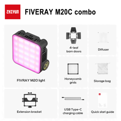 【Do Brasil】ZHIYUN FIVERAY M20C 20W RGB Luz de vídeo 2500K-10000K Luzes de preenchimento Controle por aplicativo Iluminação fotográfica Transmissão ao vivo