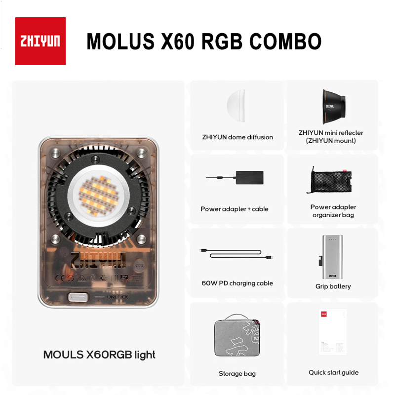 【Do Brasil】ZHIYUN MOLUS X60RGB 60W RGB COB Luz de bolso Luzes de vídeo LED Lâmpada de preenchimento Iluminação fotográfica portátil