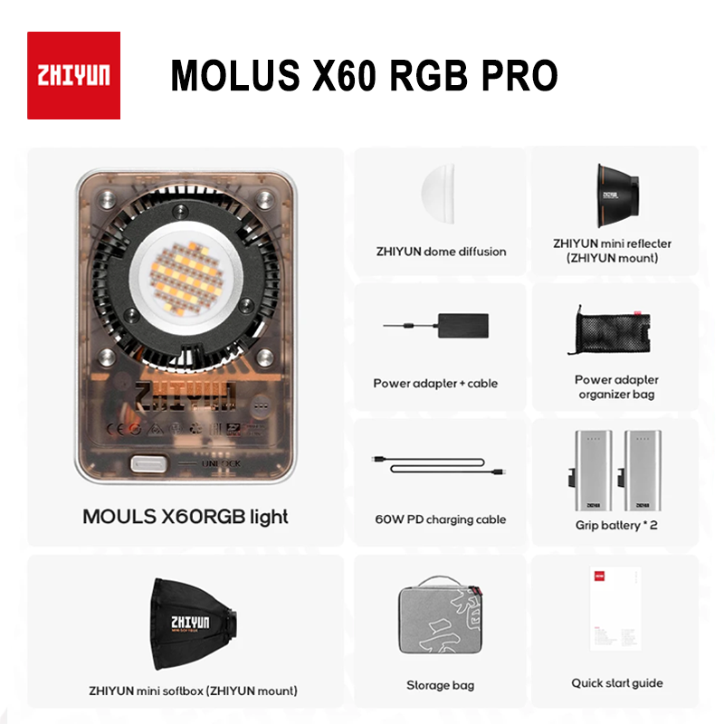 【Do Brasil】ZHIYUN MOLUS X60RGB 60W RGB COB Luz de bolso Luzes de vídeo LED Lâmpada de preenchimento Iluminação fotográfica portátil