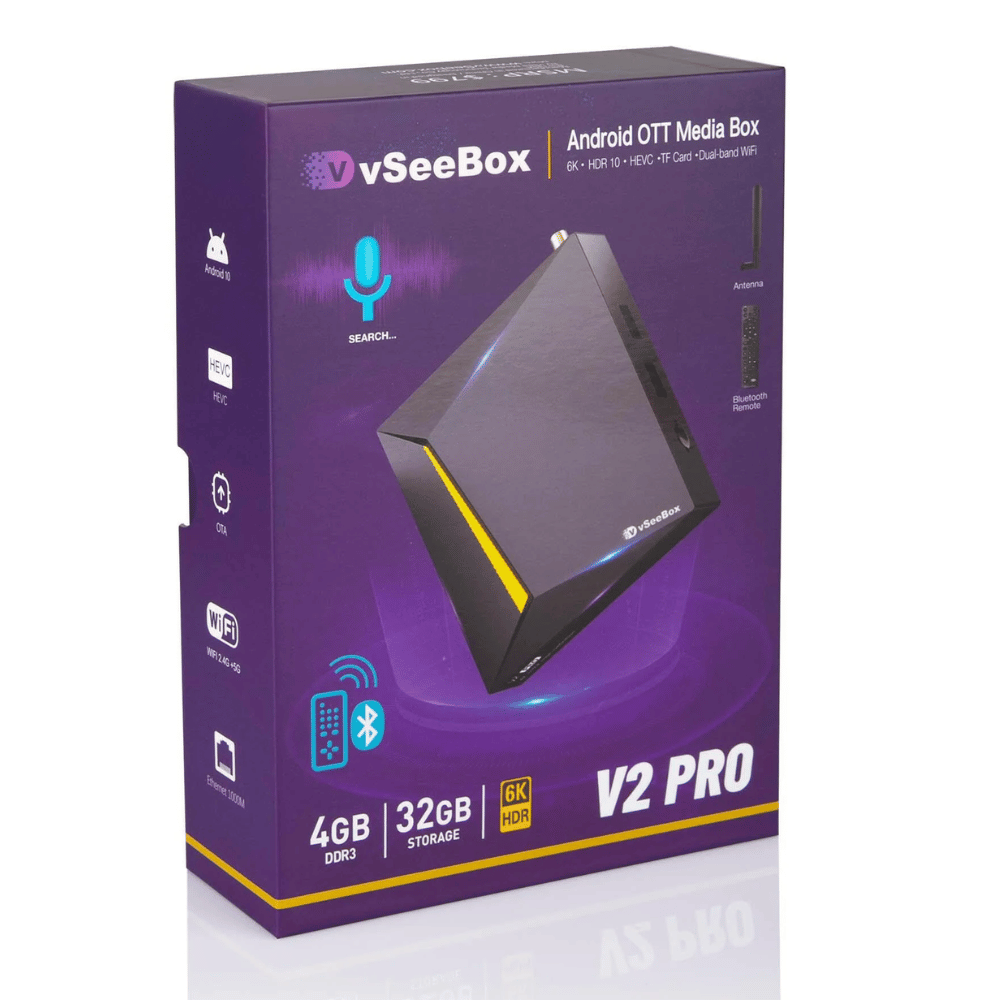 vSeeBox V2 Pro Android TV Box with No Subscription Fees | 8K Streaming & Voice Remote – Vseebox