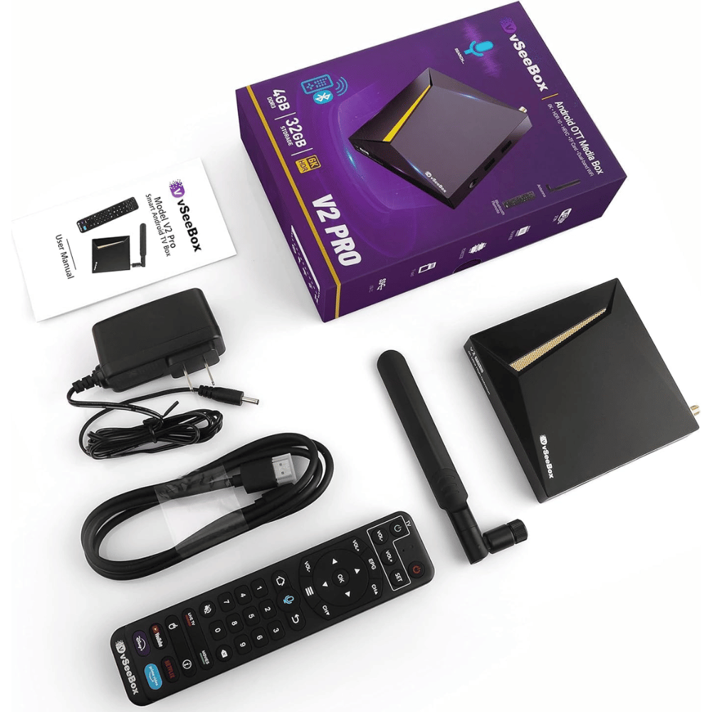vSeeBox V2 Pro Android TV Box with No Subscription Fees | 8K Streaming & Voice Remote – Vseebox