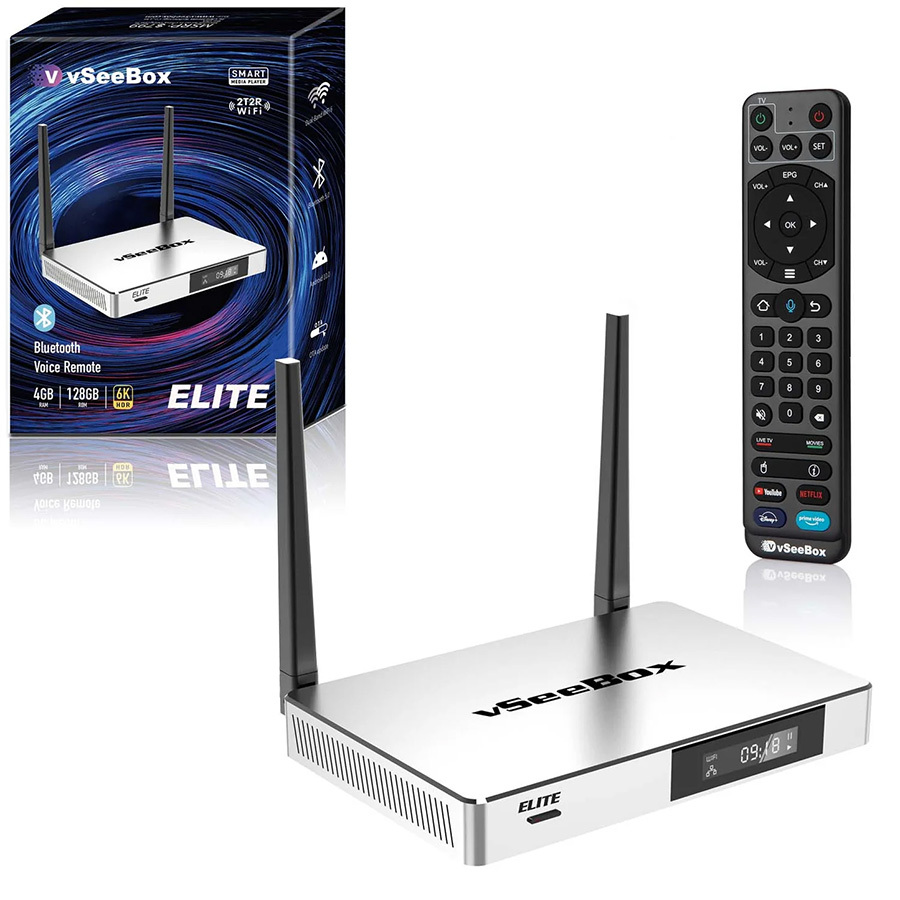 vSeeBox Elite Android TV Box with No Subscription Fees | 8K Streaming & Voice Remote – vSeeBox