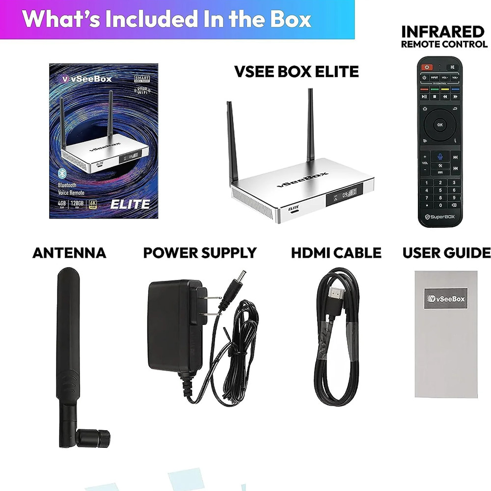 vSeeBox Elite Android TV Box with No Subscription Fees | 8K Streaming & Voice Remote – vSeeBox