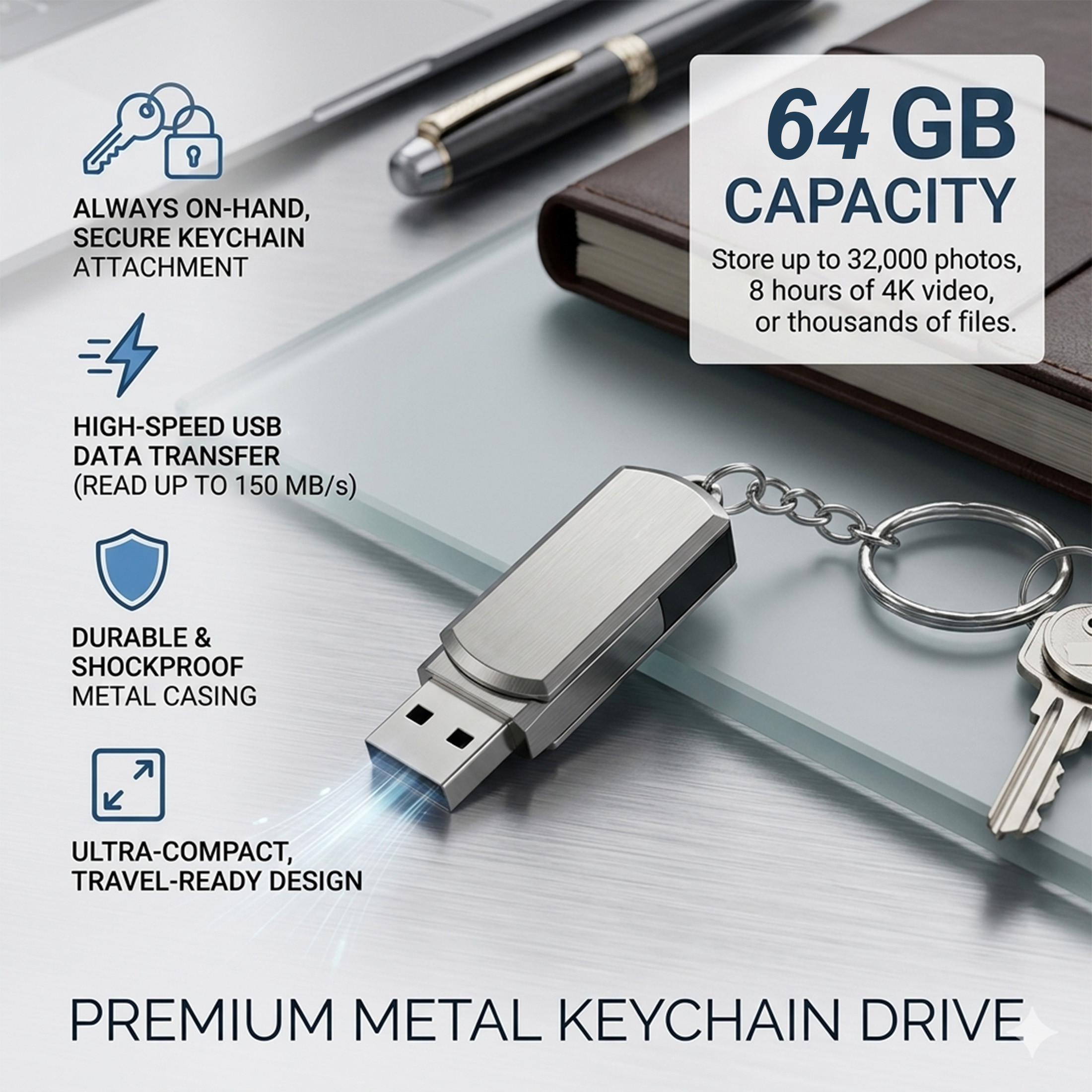 64GB Portable USB Flash Drive with Swivel Metal Clip